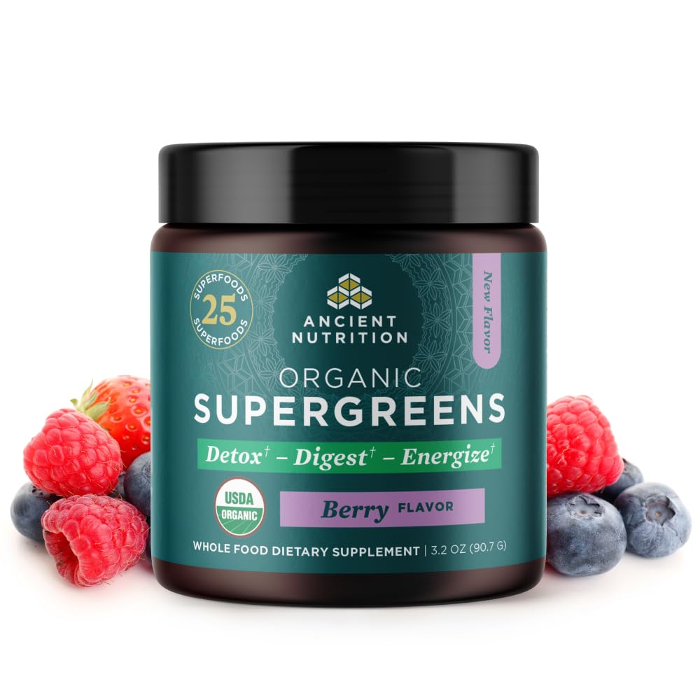 Ancient Nutrition SuperGreens poudre fruits et légumes, apport en antioxydants et nutriments.