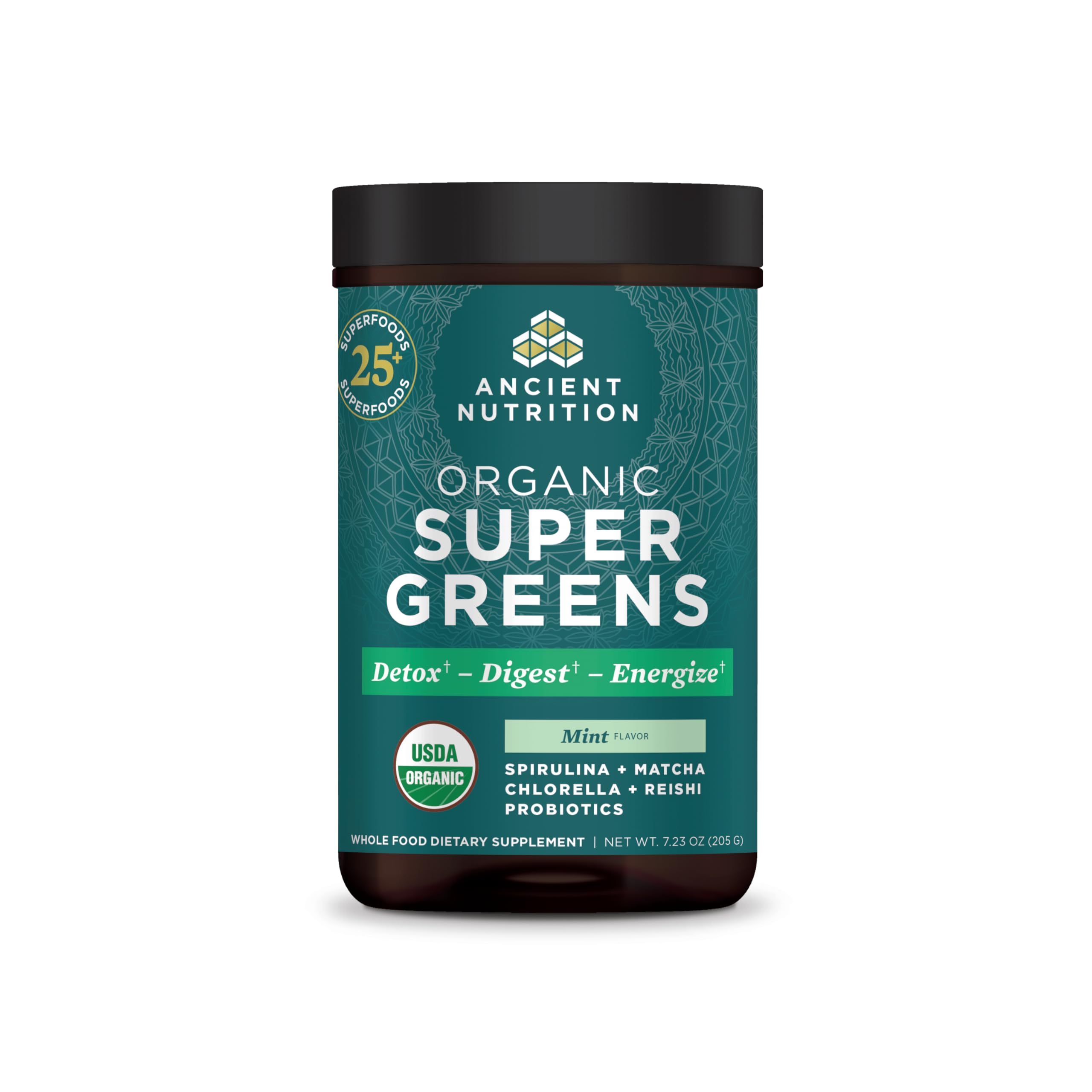 Ancient Nutrition SuperGreens en poudre menthe bio, goût frais et soutien digestif potentiel.