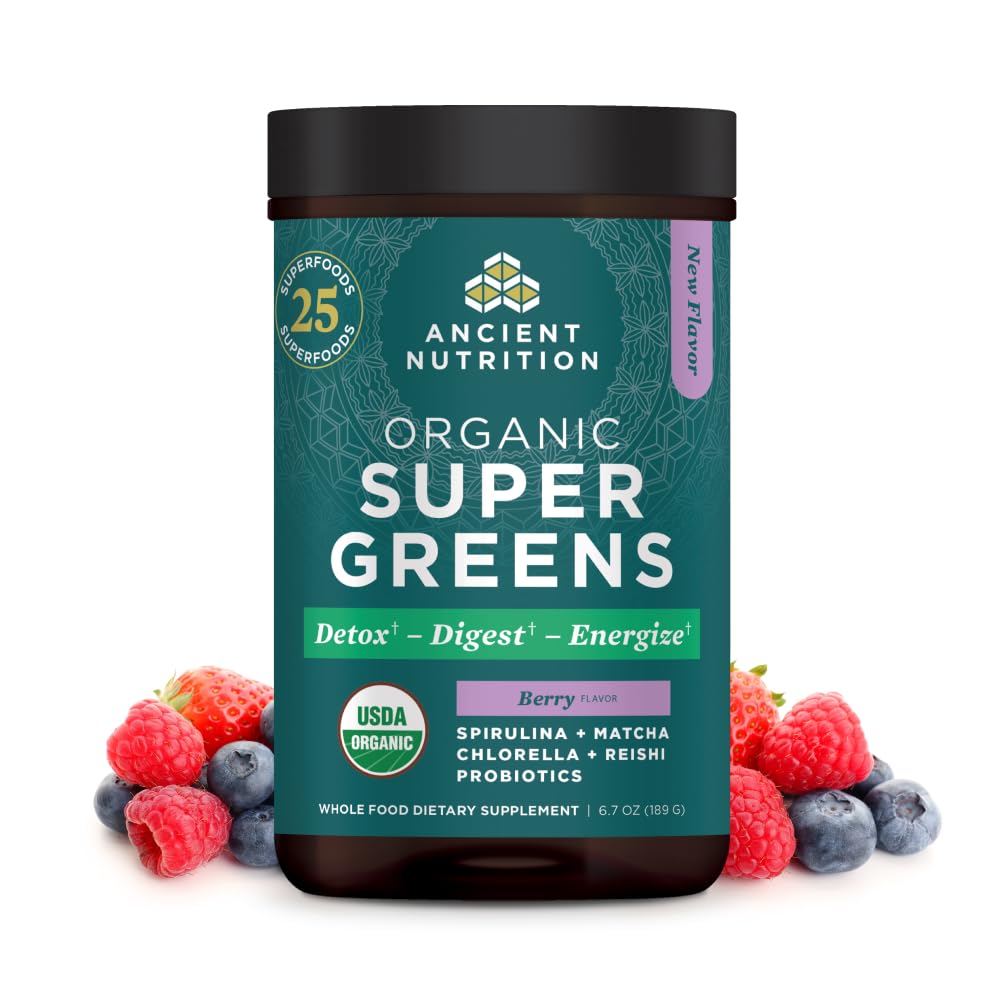 Ancient Nutrition SuperGreens poudre-organique-fruits-verts: parfait pour booster vos smoothies quotidiens.