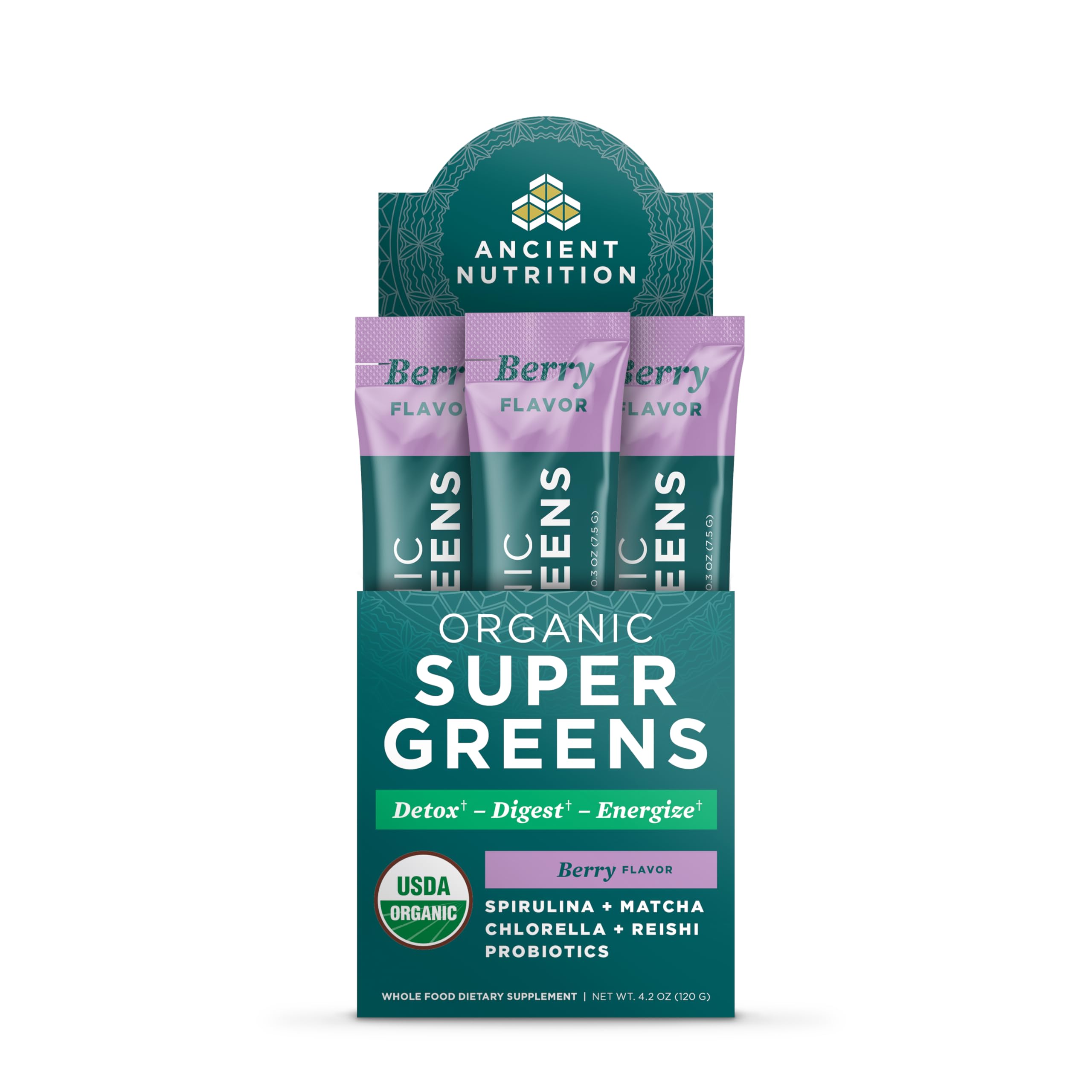 Ancient Nutrition SuperGreens, poudre saveur fruits bio, soutien des antioxydants et énergie.