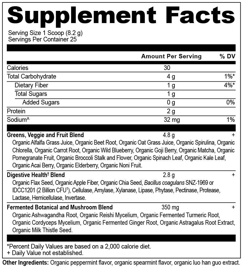 Ancient Nutrition SuperGreens avec probiotiques Bacillus coagulans, flacon visible, soutien intestinal potentiel.
