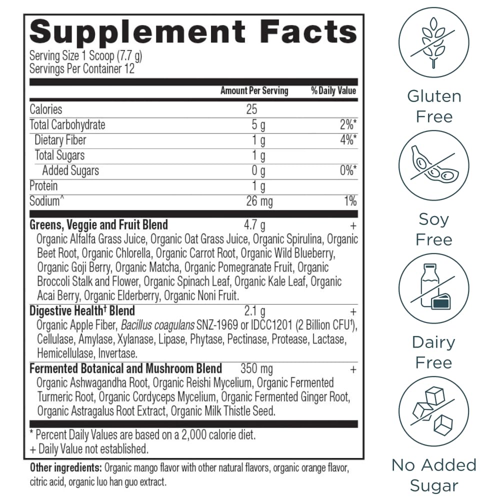 Ancient Nutrition SuperGreens avec probiotiques, soutien digestif potentiel.