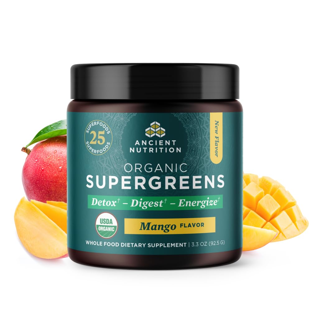 Ancient Nutrition SuperGreens saveur mangue en bouteille, goût fruité et pratique.