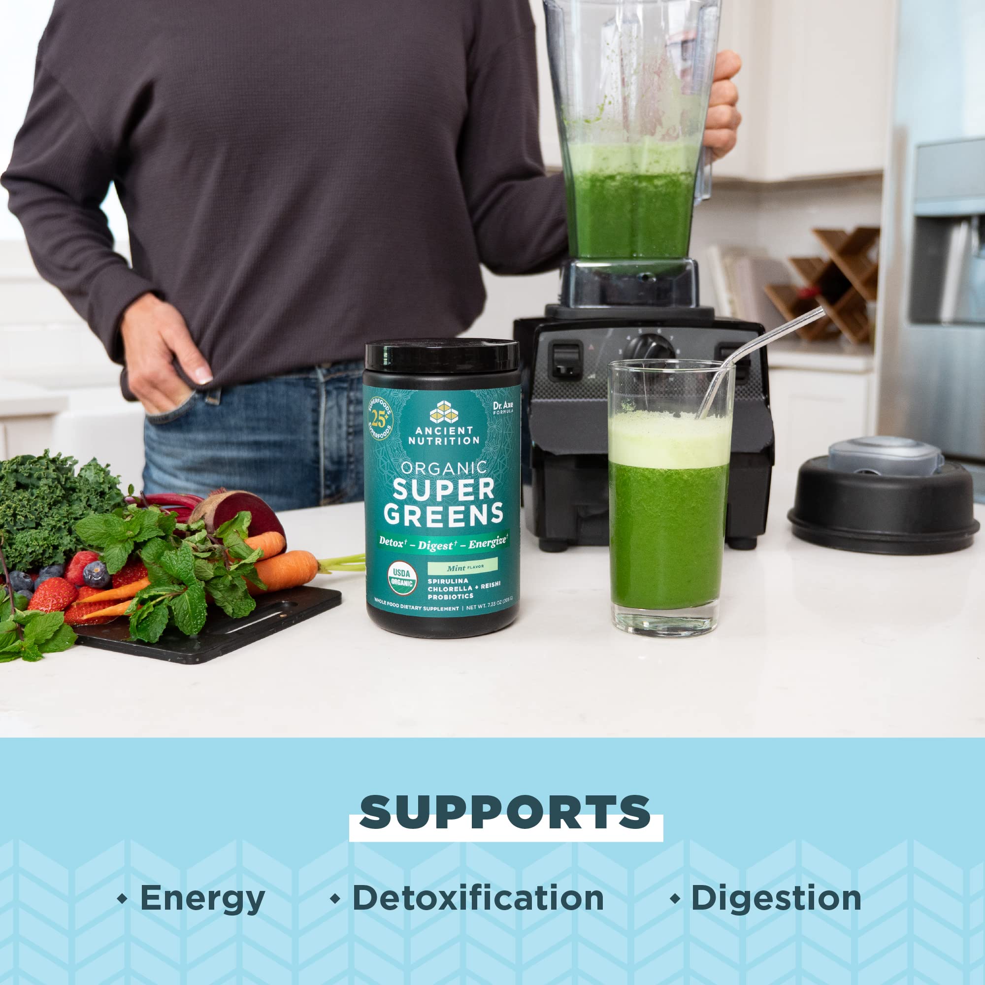 Ancient Nutrition SuperGreens spiruline pour détox naturelle et énergie.