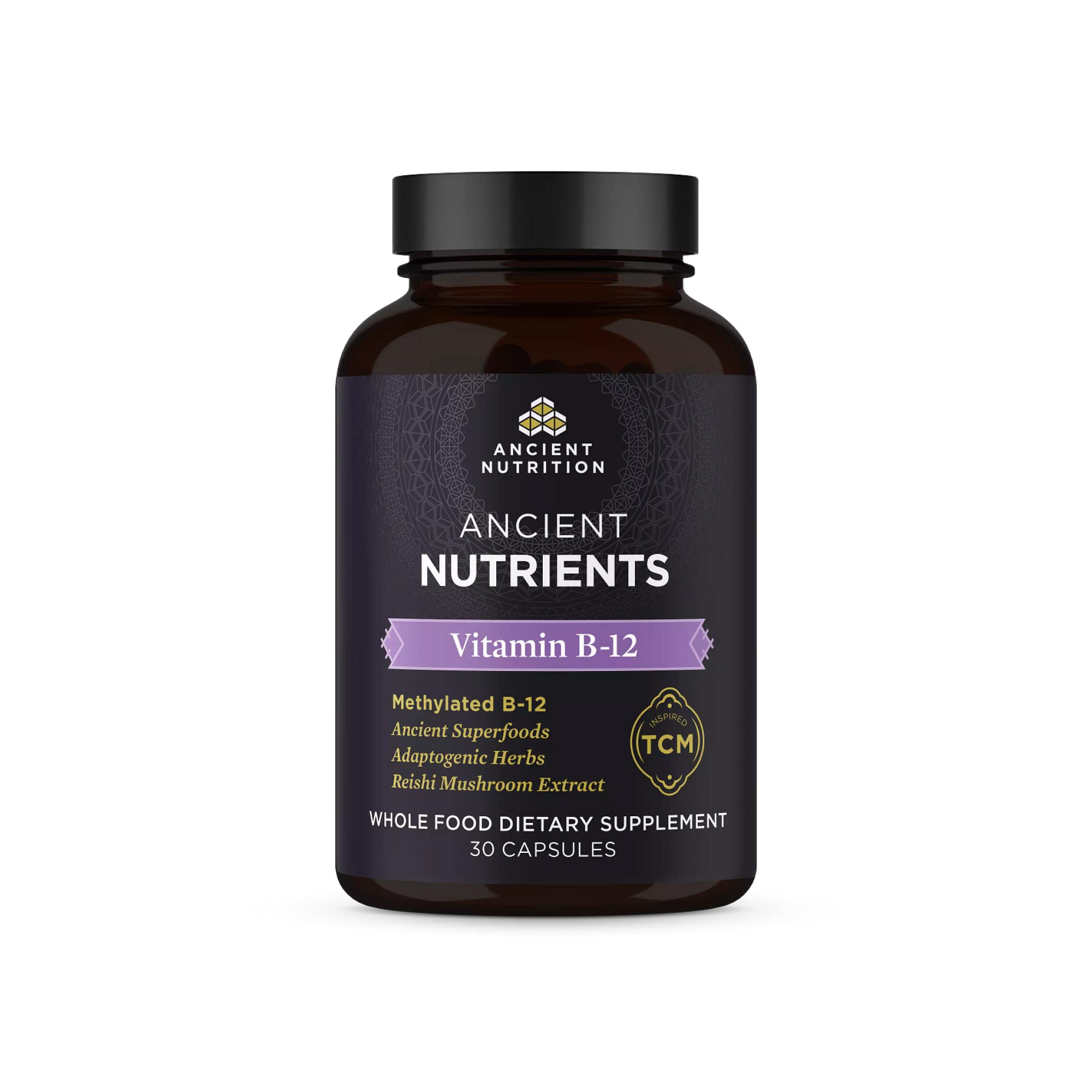 Vitamine B12 d Ancient Nutrition, bouteille de gélules, soutien potentiel de l'énergie au quotidien.