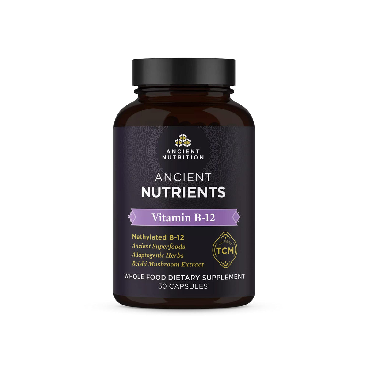 Vitamine B12 d Ancient Nutrition, bouteille de gélules, soutien potentiel de l'énergie au quotidien.