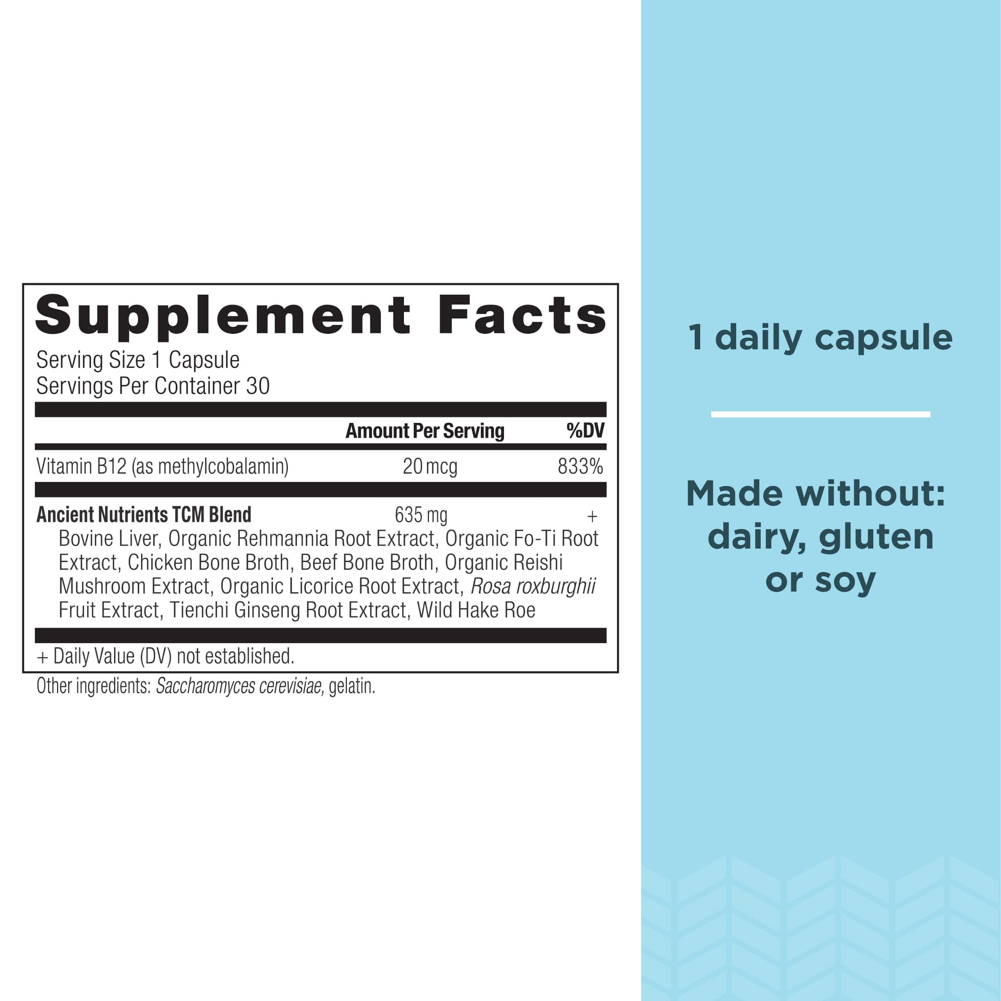 Gélules Vitamine B12 d Ancient Nutrition, dose pratique pour l'énergie.