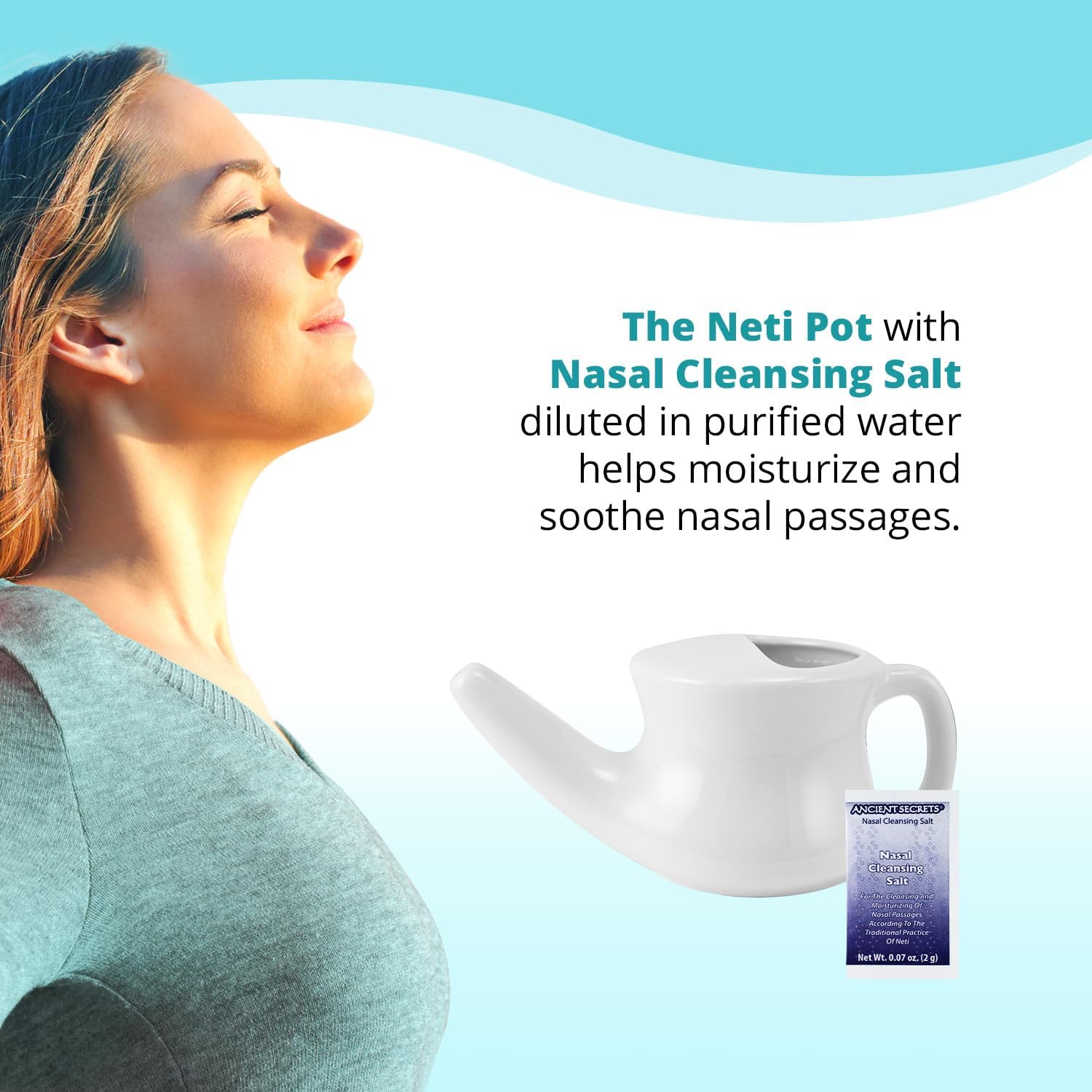 ANCIENT SECRETS Neti Pot chambre d'eau équilibrée pour rinçage maîtrisé.