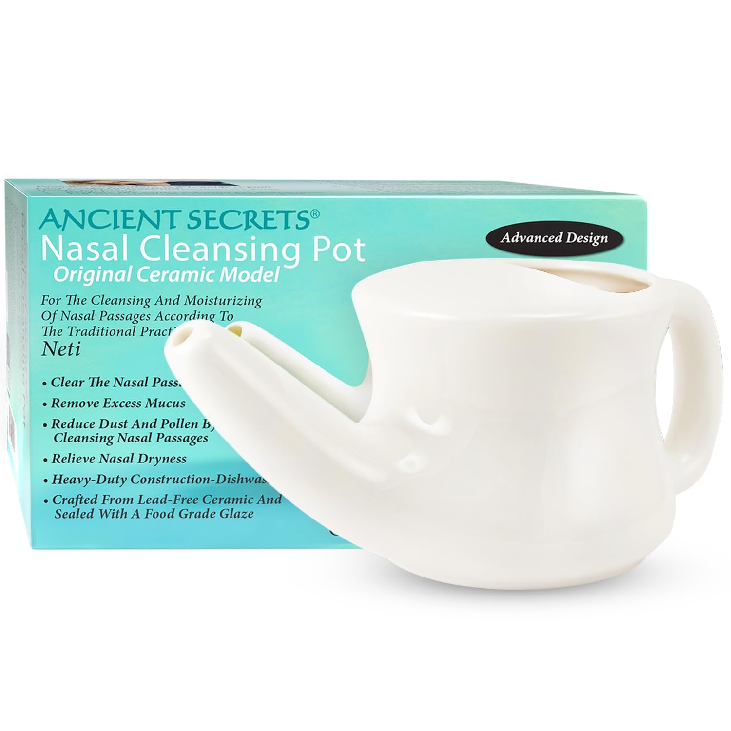 ANCIENT SECRETS Neti Pot avec poignée ergonomique pour un rinçage nasal facilité.