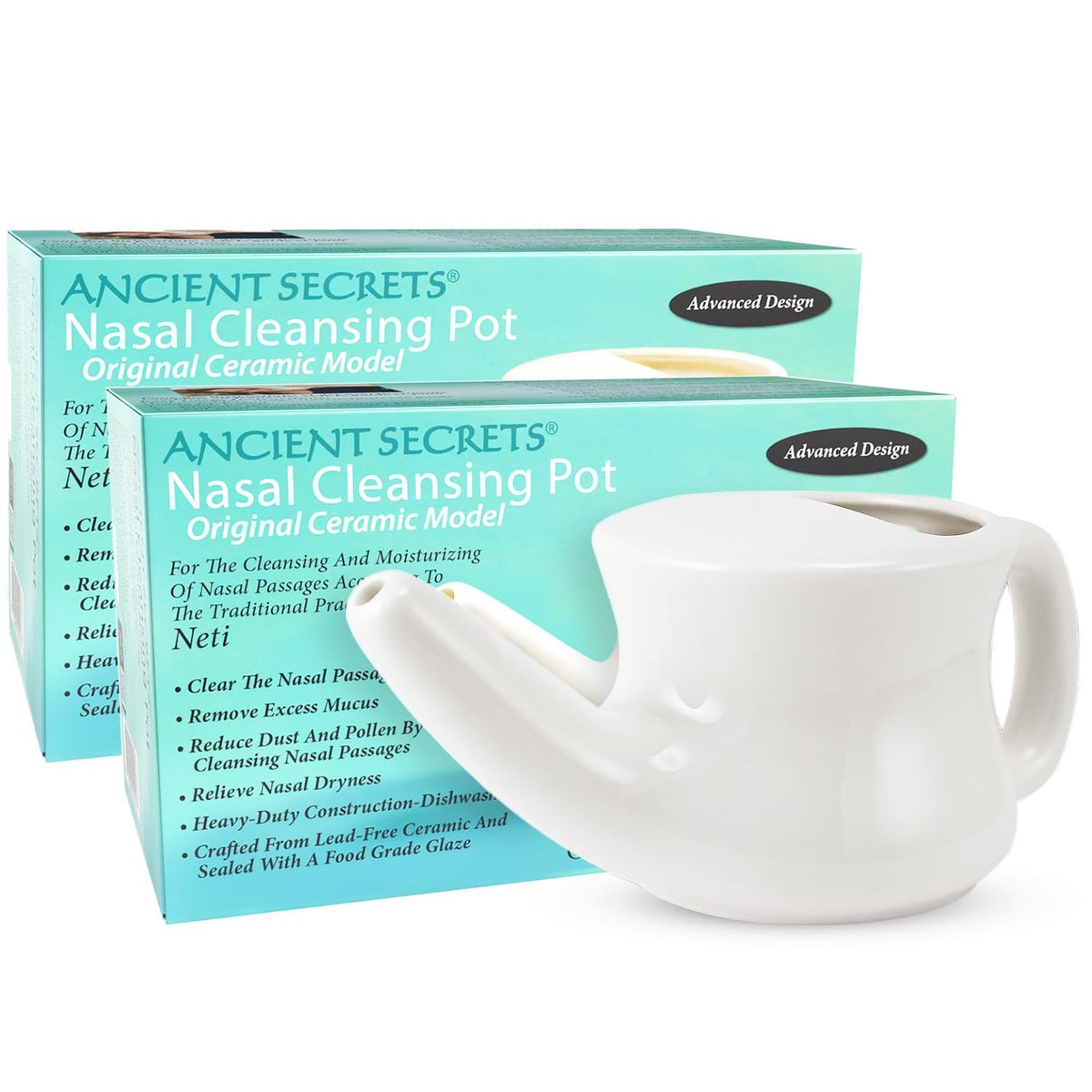 ANCIENT SECRETS Neti Pot en porcelaine, lavable au lave-vaisselle pour une utilisation pratique.