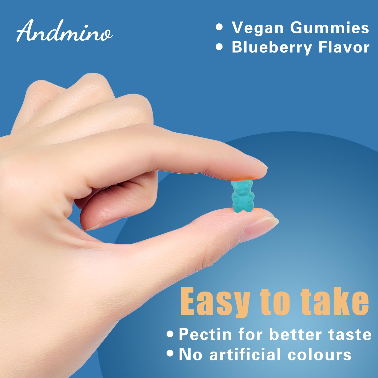 andmino Daytime Cortisol Gummies – emballage pratique et absence de gluten et allergènes.