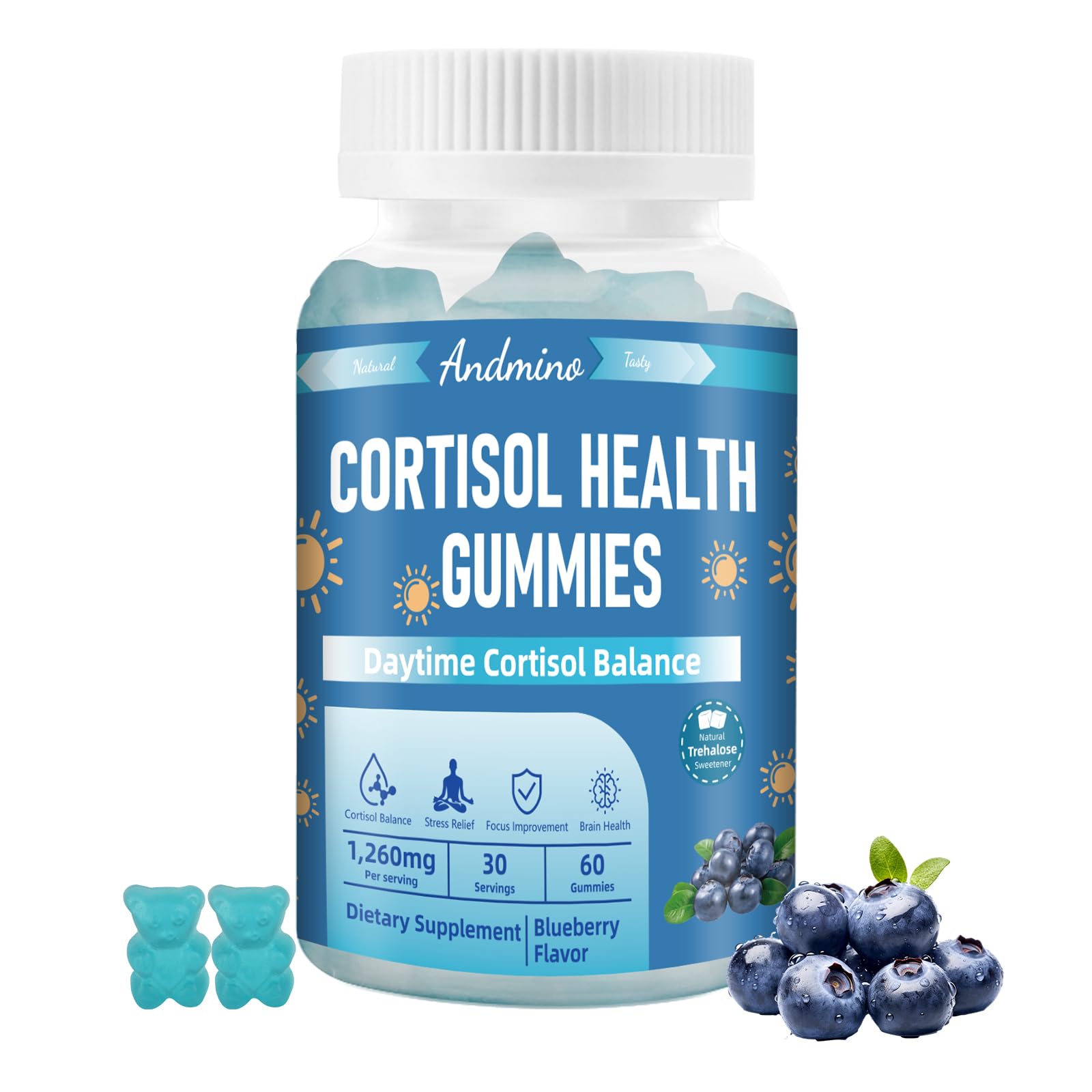 andmino Daytime Cortisol Gummies – bouteille, soutien potentiel du cortisol diurne et concentration.