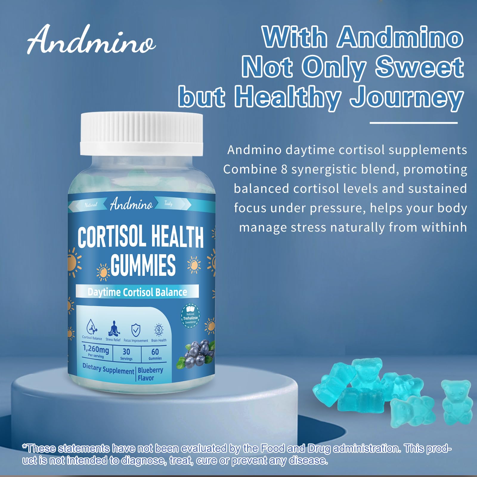 andmino Daytime Cortisol Gummies – formulation végétale avec trehalose pour digestion douce.