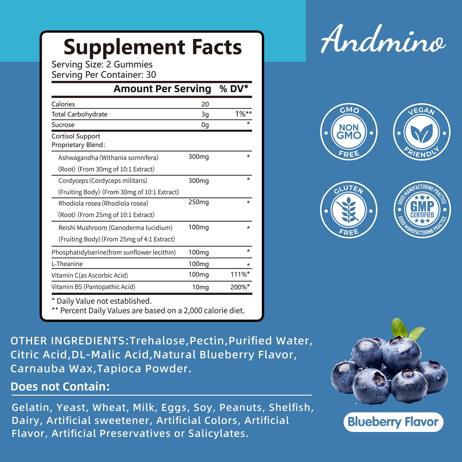 andmino Daytime Cortisol Gummies – gommes bleues, texture végétale et concentration.