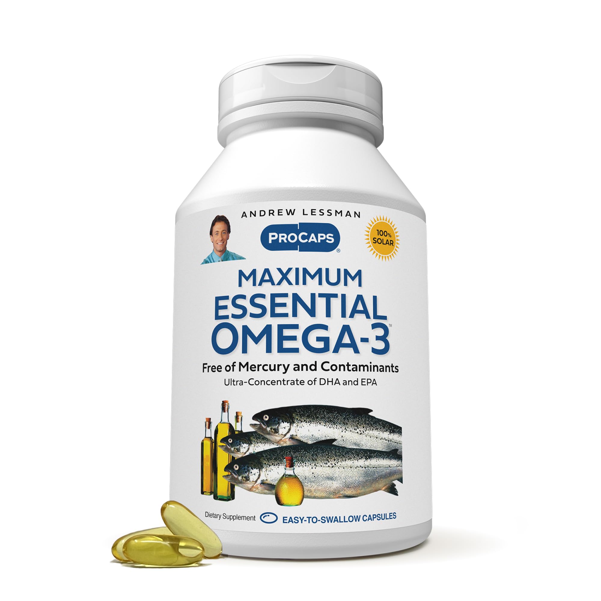ANDREW LESSMAN Bouteille Omega-3 Max Essential : capsules faciles à avaler et ultra-pures.