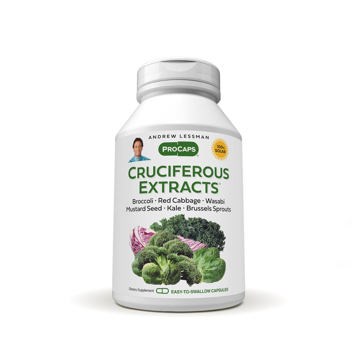 Bouteille ANDREW LESSMAN Cruciferous Extracts prête pour une routine quotidienne.