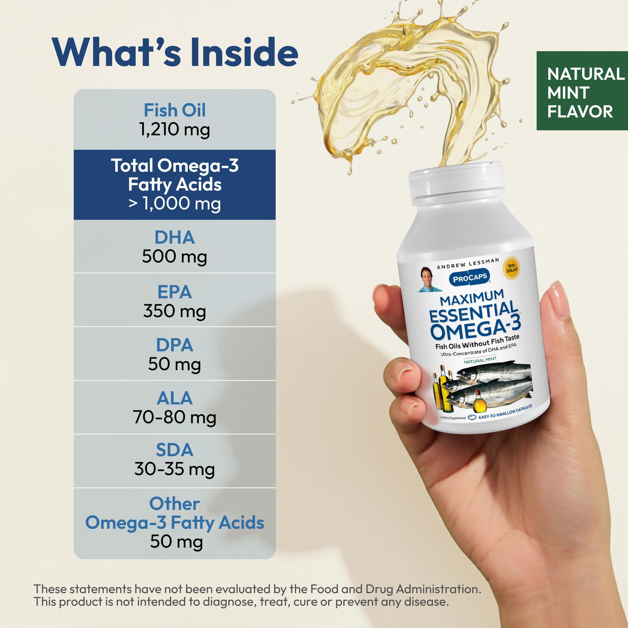 ANDREW LESSMAN Maximum Essential Omega-3 capsules translucides, signe de pureté et d’efficacité possible.