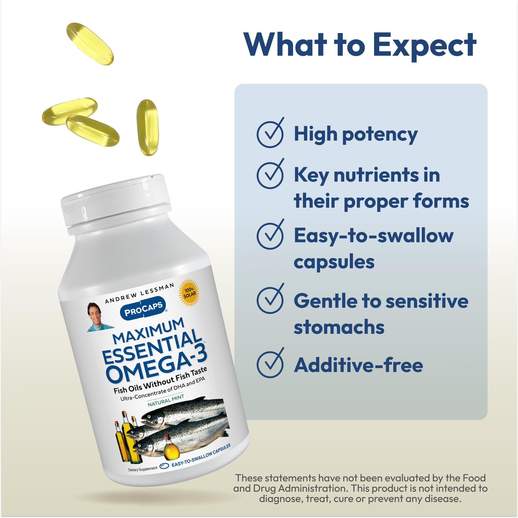 ANDREW LESSMAN Maximum Essential Omega-3 gélules translucides, aspect clair et formule pure pour meilleure assimilation.