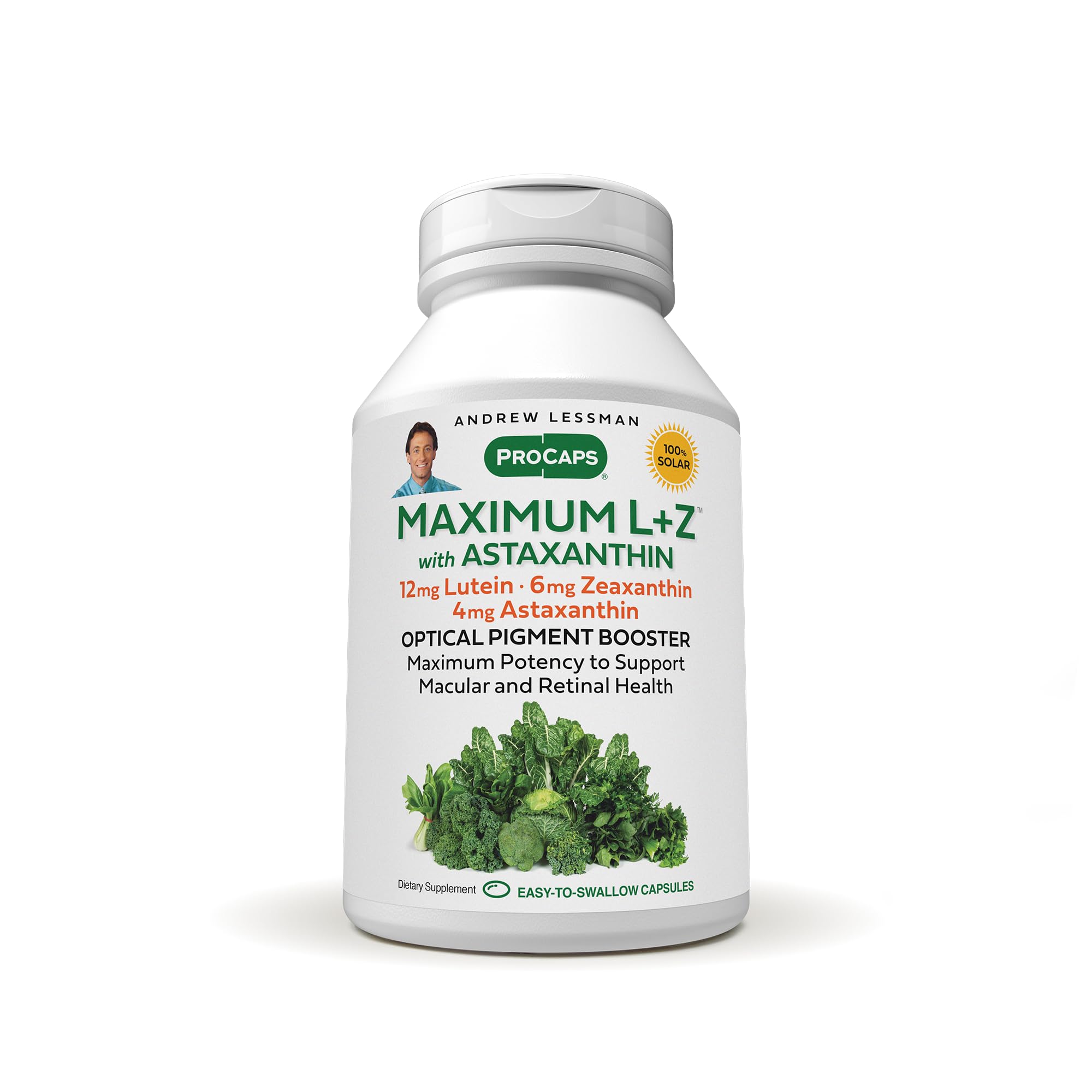 Gélules Andrew Lessman Maximum L+Z et Astaxanthine en bouteille pour la vue.