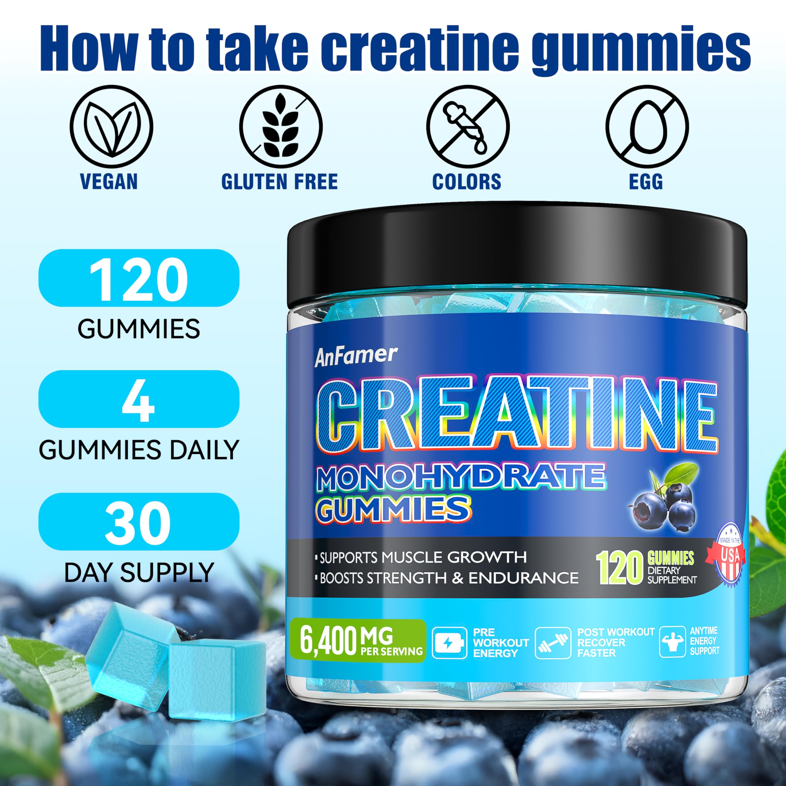AnFamer Gommes Créatine Monohydrate – option végan sans sucre et gluten, saveur myrtille
