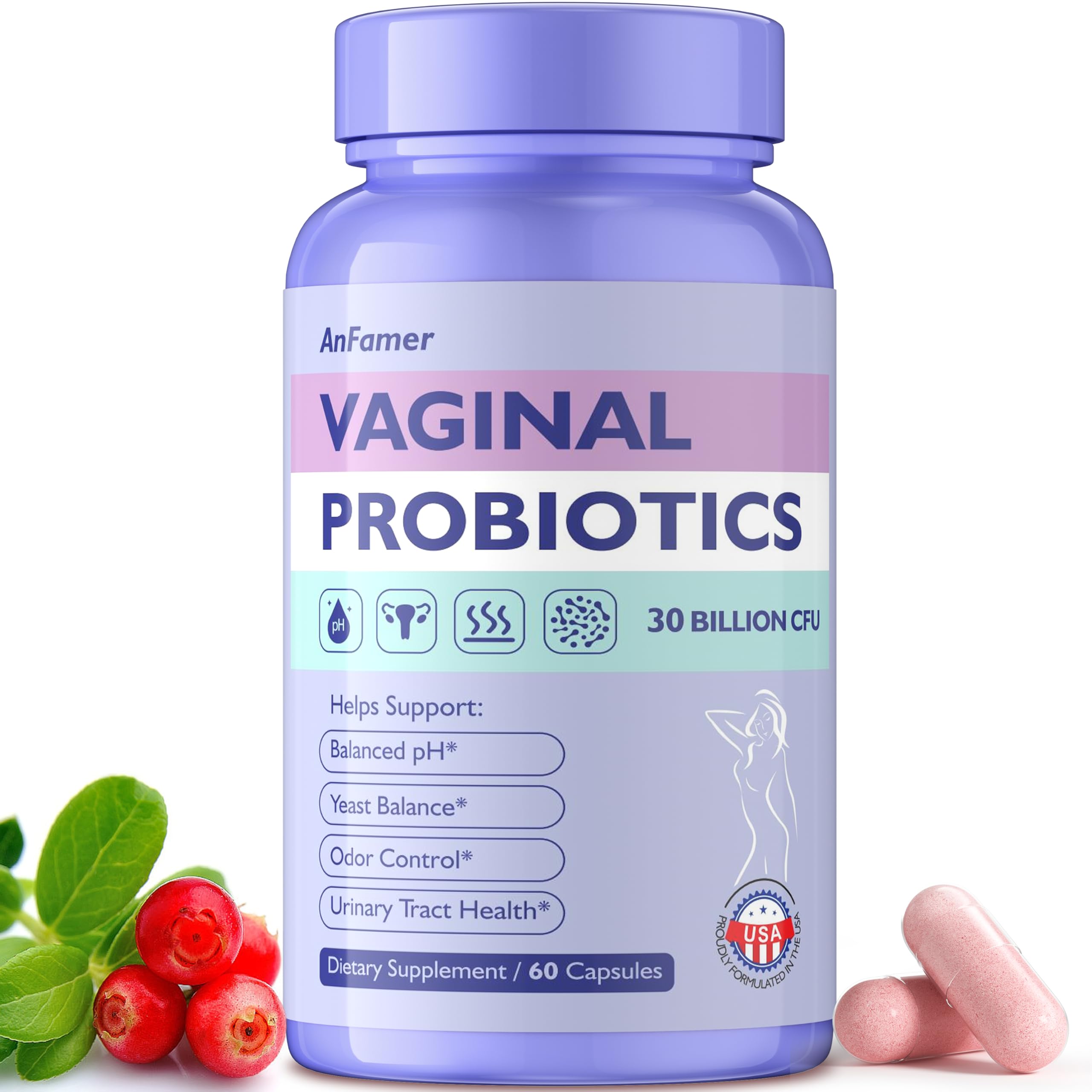 AnFamer Probiotiques Vaginales: bouteille 60 capsules pour soutenir l'équilibre vaginal