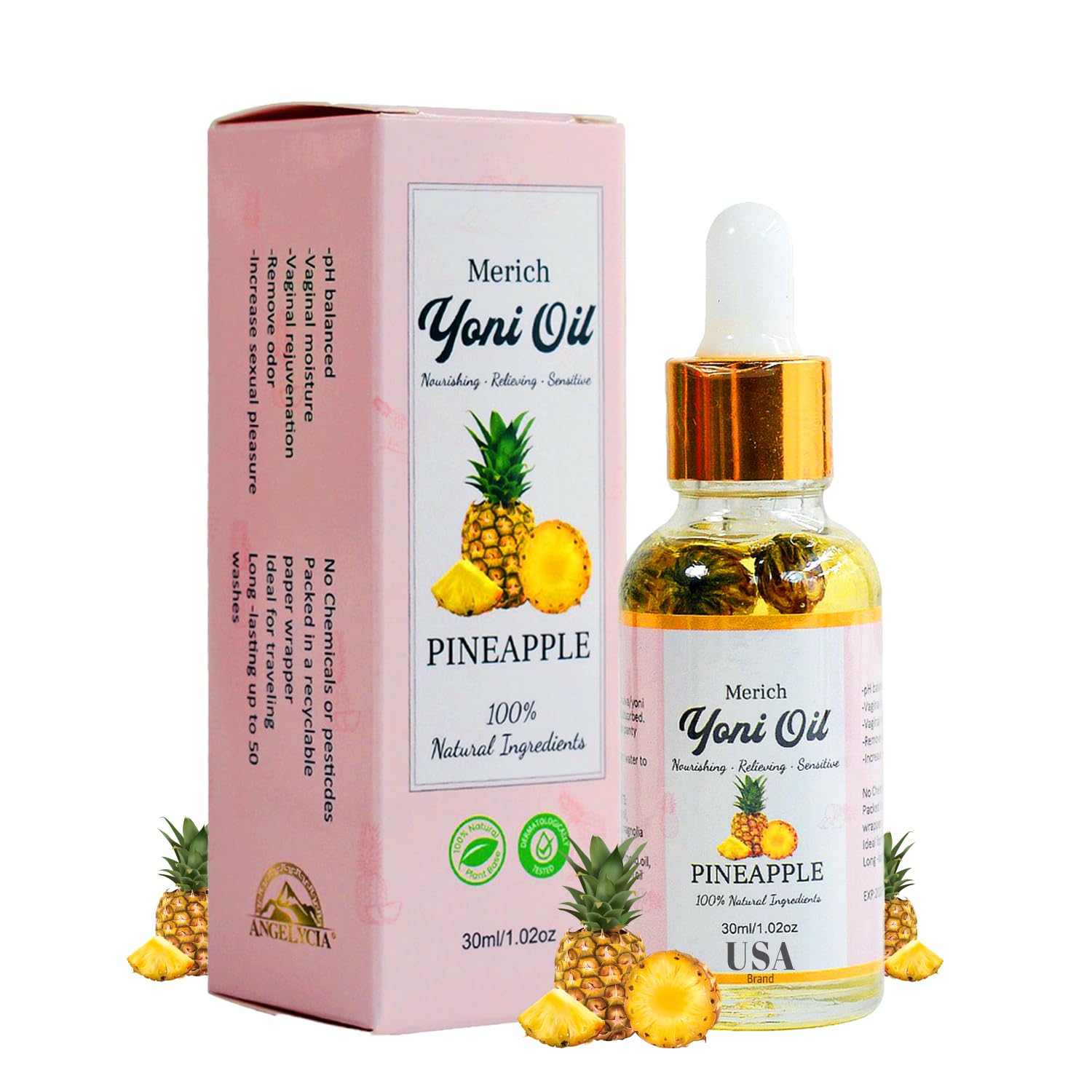 ANGELYCIA MERICH: bouteille huile yoni au parfum rose-peche-fraise pour une sensation agréable.