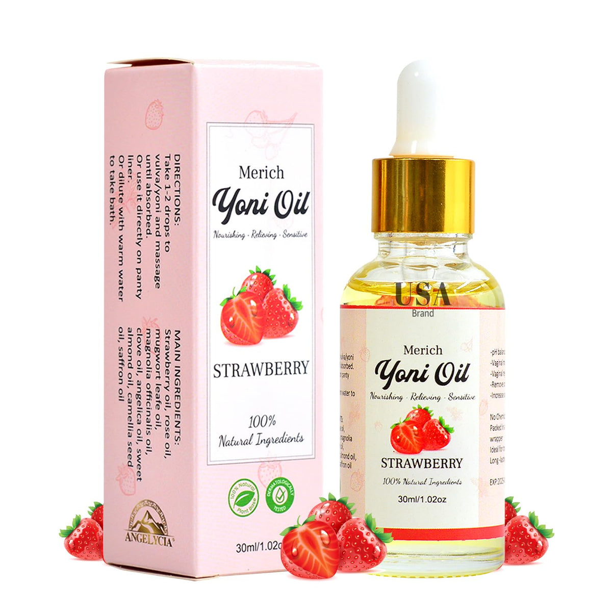 ANGELYCIA MERICH huile yoni – bouteille rose-peche-fraise, parfum floral et douceur intime.