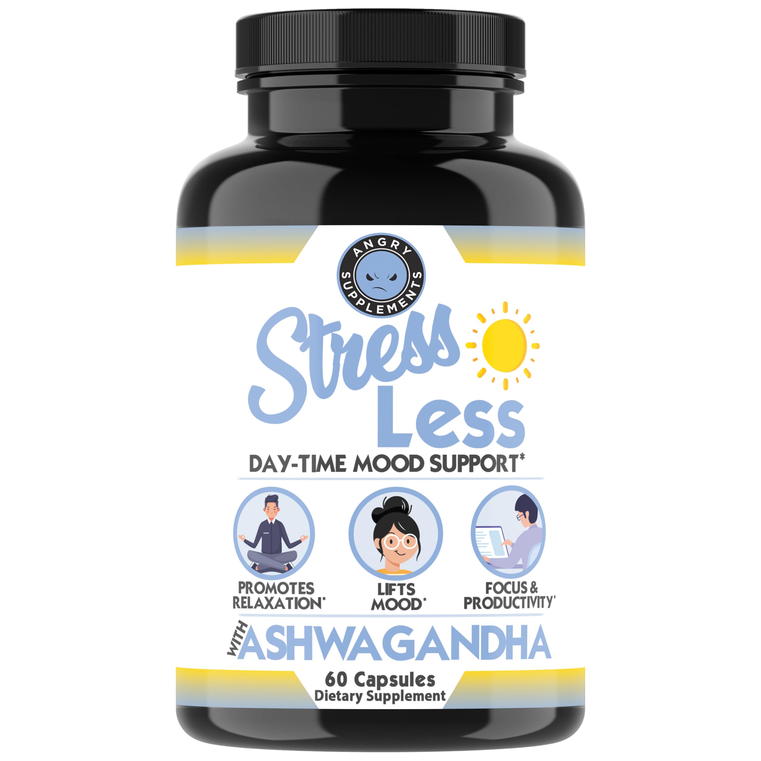 Bouteille Angry Supplements Stress Less pour une utilisation quotidienne et concentration.