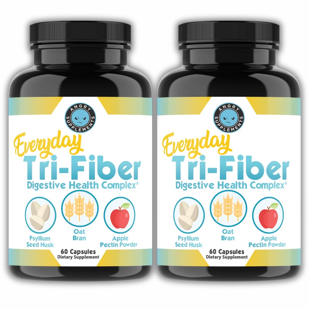 Angry Supplements Tri-Fiber: bouteille avec étiquette, soutien digestif quotidien et régularité.