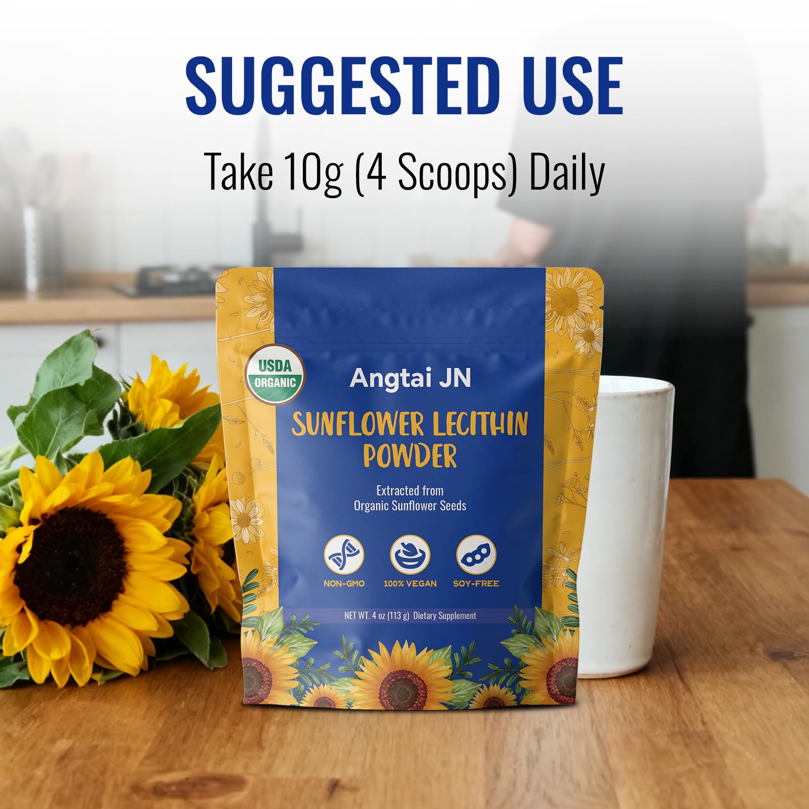 Étiquette Angtai JN certifiée par l'USDA, sans soja, gluten ni produits laitiers.