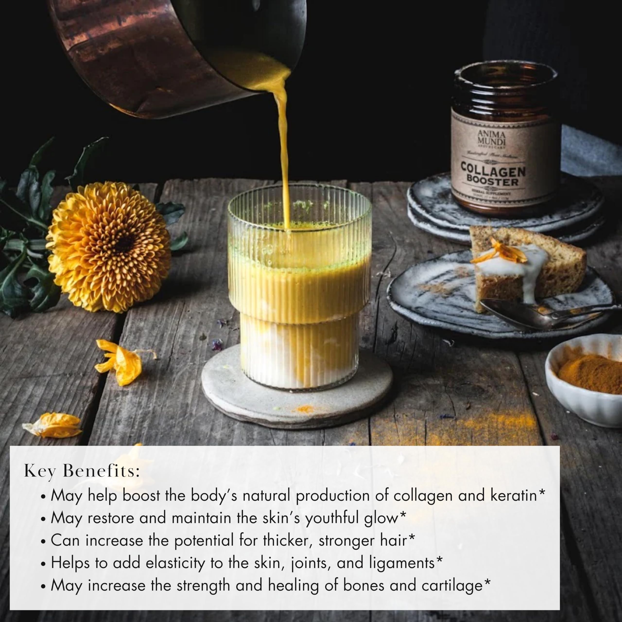 Anima Mundi Apothecary ingrédients bio, calendula inclus, pour collagène végan et soin cutané.