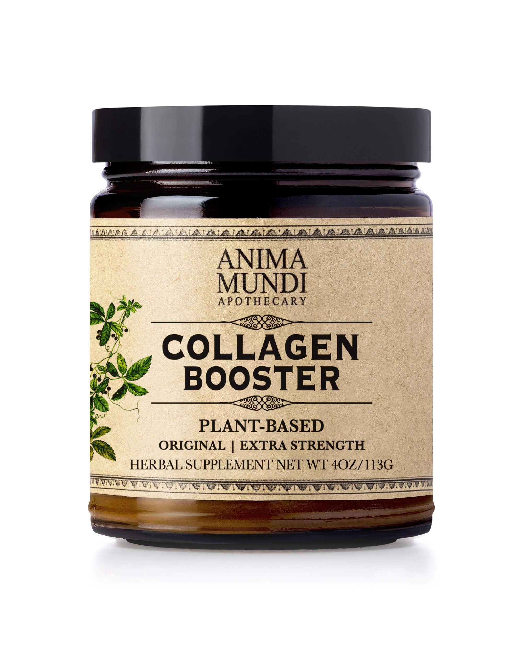 Anima Mundi Apothecary poudre de collagène végan dans une bouteille, soutien potentiel pour la peau et les cheveux.