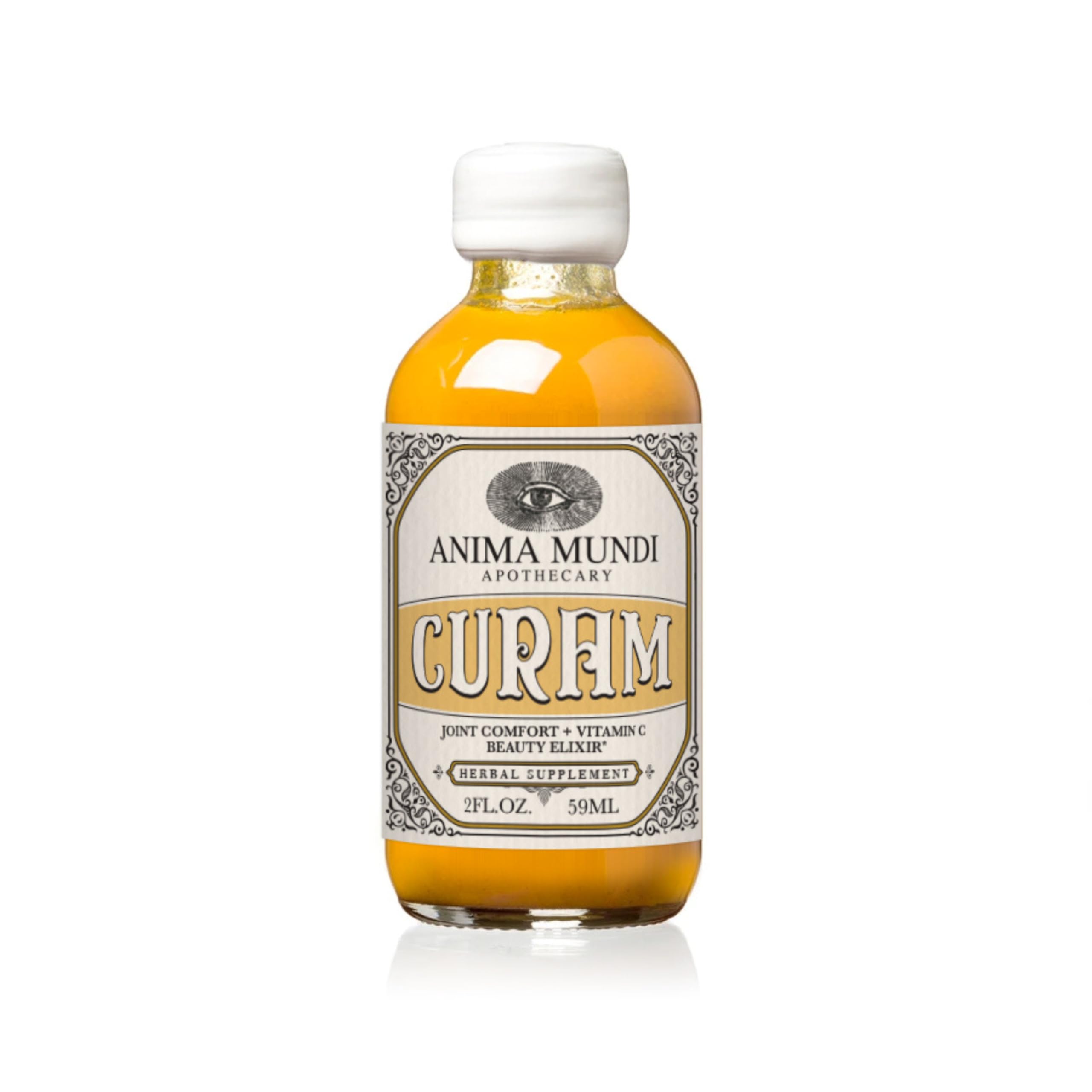 Anima Mundi Curam Elixir: flacon doré prêt à être ajouté au thé pour l'éclat.