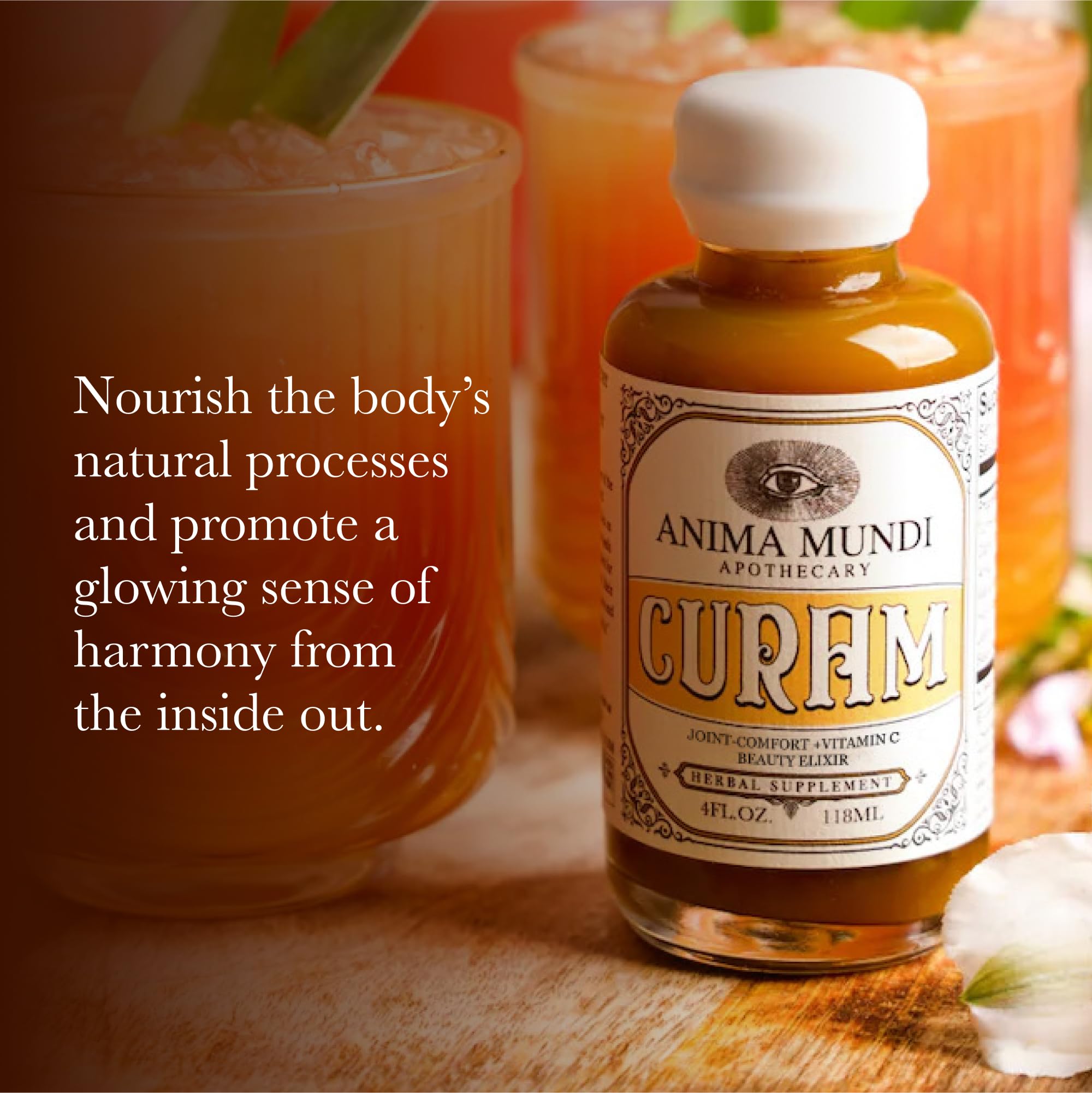 Anima Mundi Curam Elixir: ingrédients frais visibles, promesse d'un mélange antioxydant.