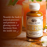 Anima Mundi Curam Elixir: ingrédients frais visibles, promesse d'un mélange antioxydant.
