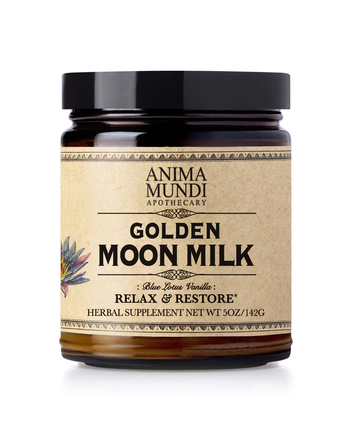 Anima Mundi Golden Moon Milk en bouteille, invite au calme et à la détente.