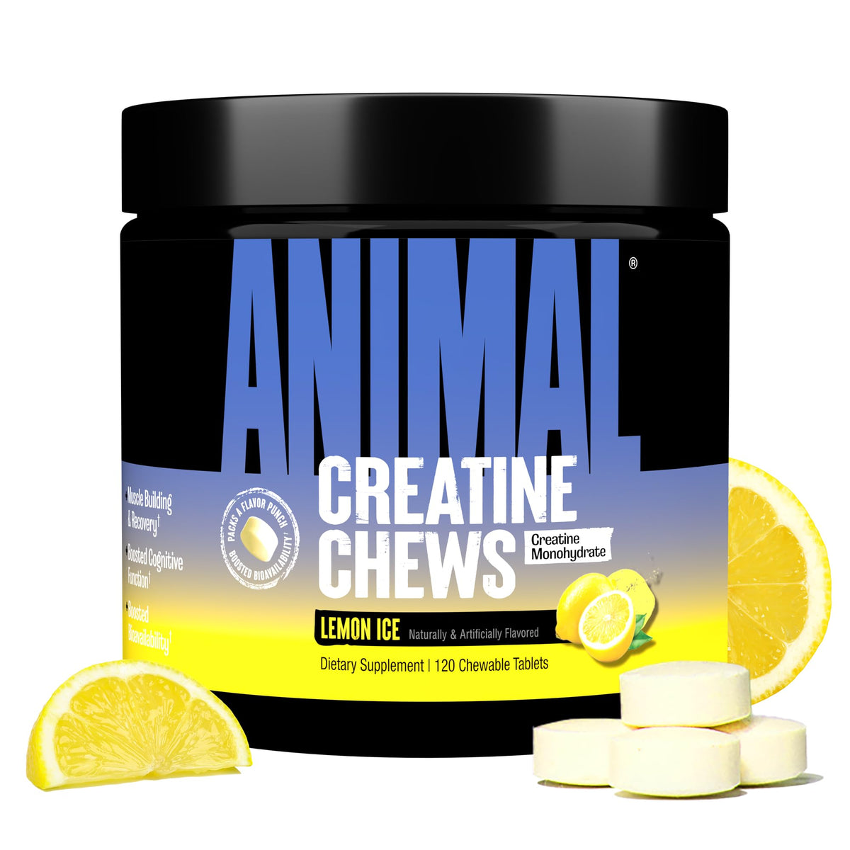 Animal Créatine Chews emballage citron glace, pratique pour une dose rapide avant l'entrainement.