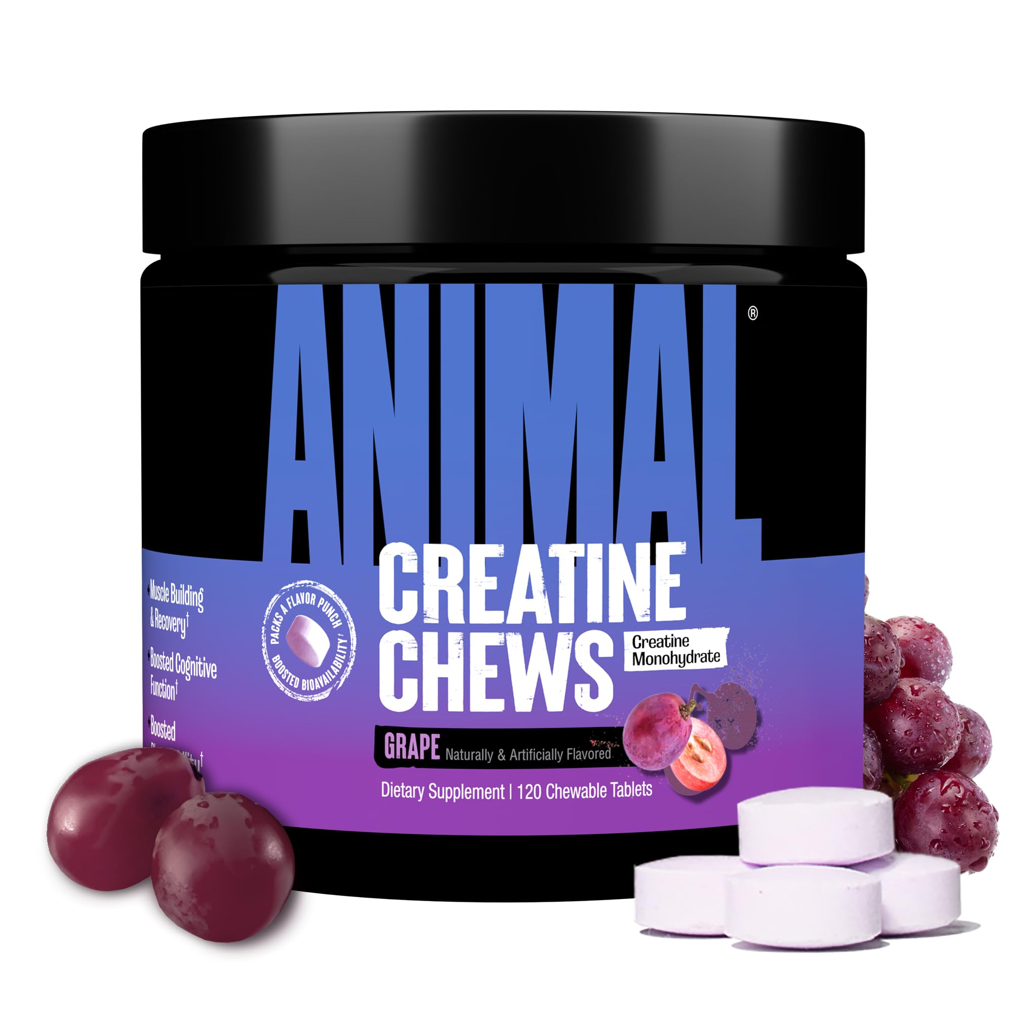 Animal Creatine Chews en bouteille goût raisin pour performances optimisées.
