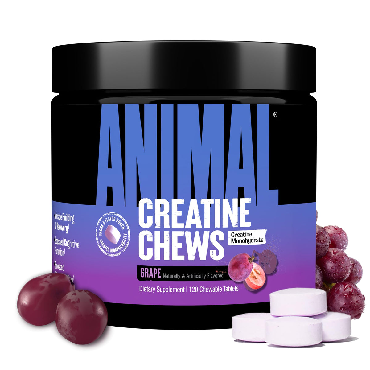 Animal Creatine Chews en bouteille goût raisin pour performances optimisées.