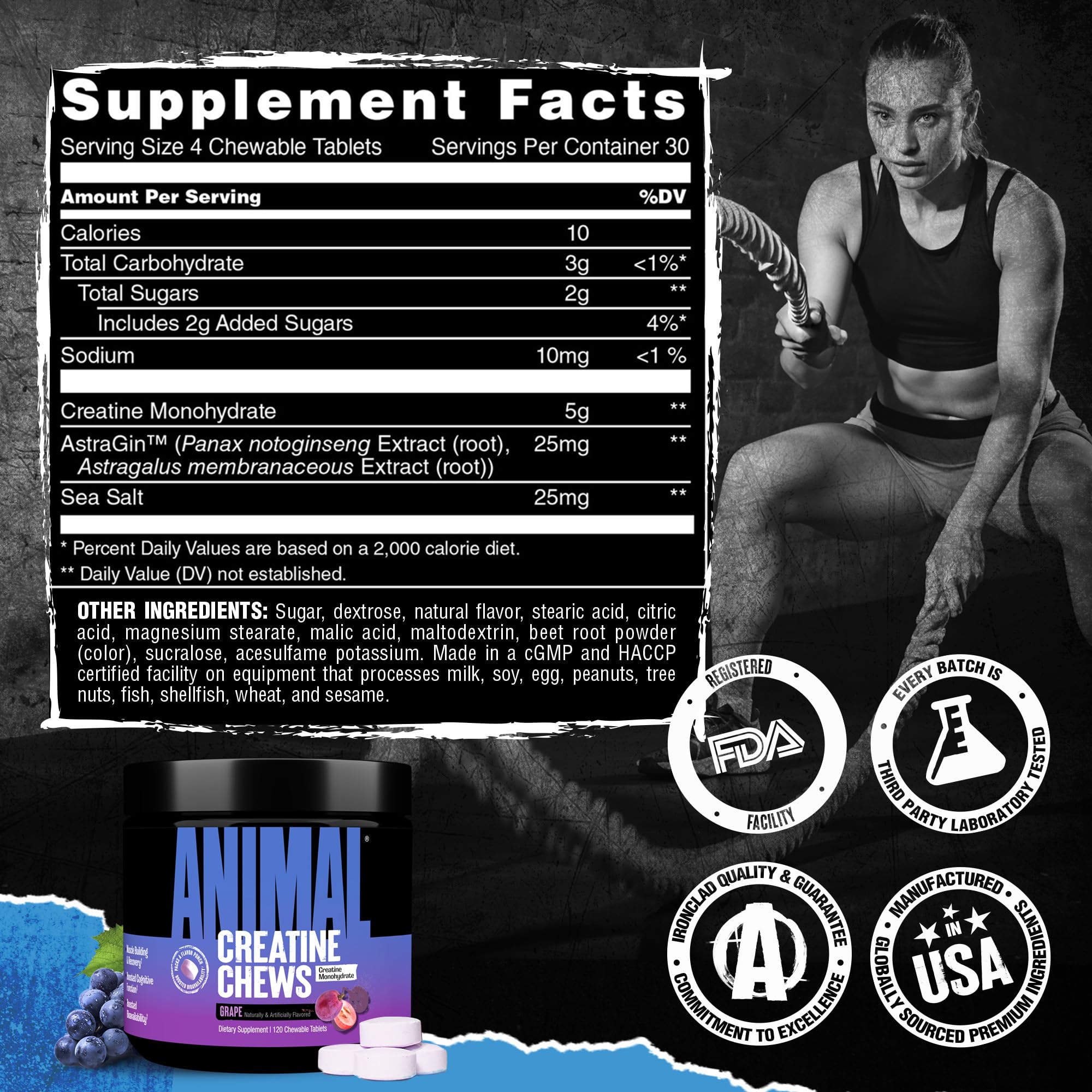 Emballage tub pratique pour le sac de sport Animal Creatine Chews.