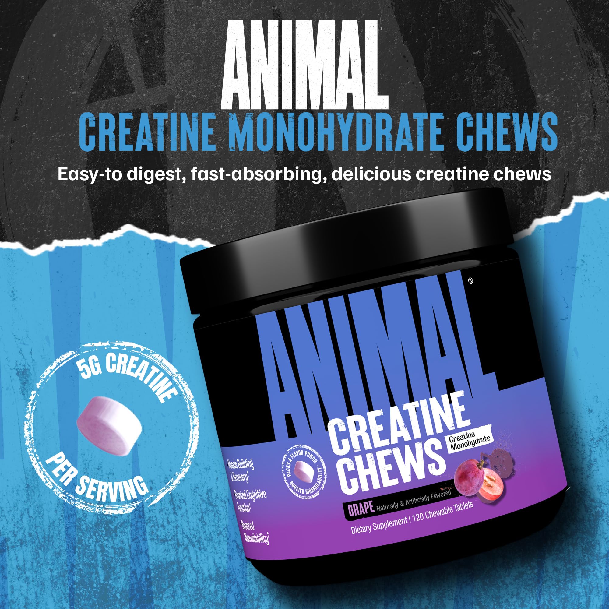 Pastilles à mâcher raisin Animal Creatine Chews, pratique en sac.