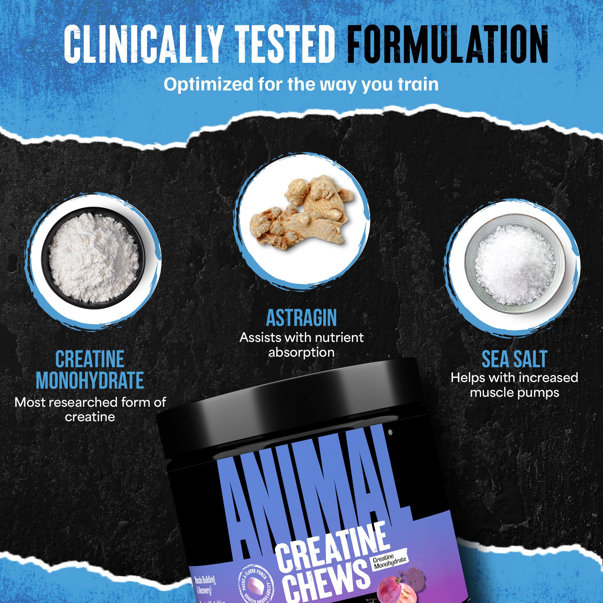 Sel marin pour hydrater et favoriser les pumps dans Animal Creatine Chews raisin.