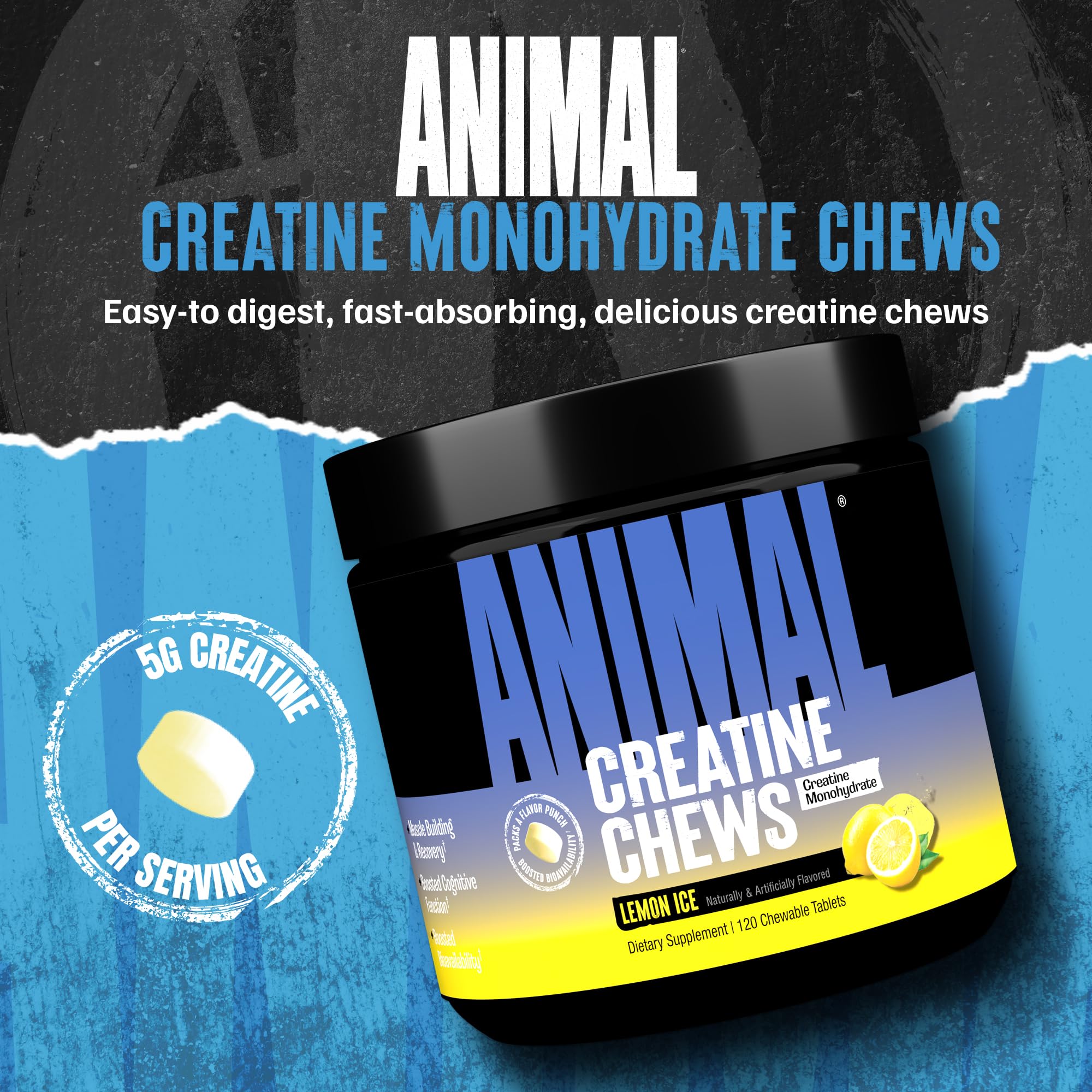 Animal Créatine Chews tablettes citron glace, goût rafraîchissant pour la séance d'entrainement.