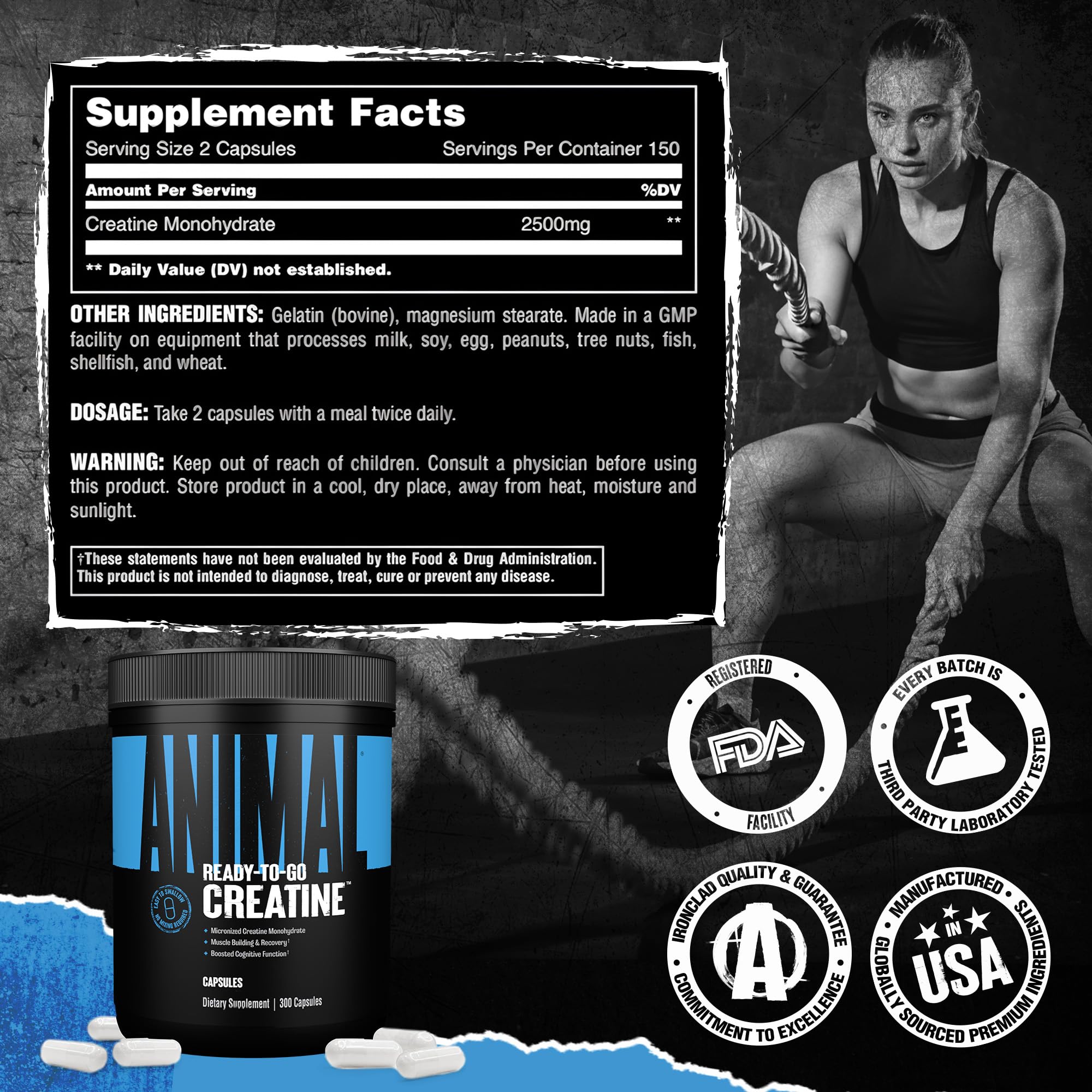 Animal créatine micronisée en capsules – prise quotidienne sans shaker ni dosage.