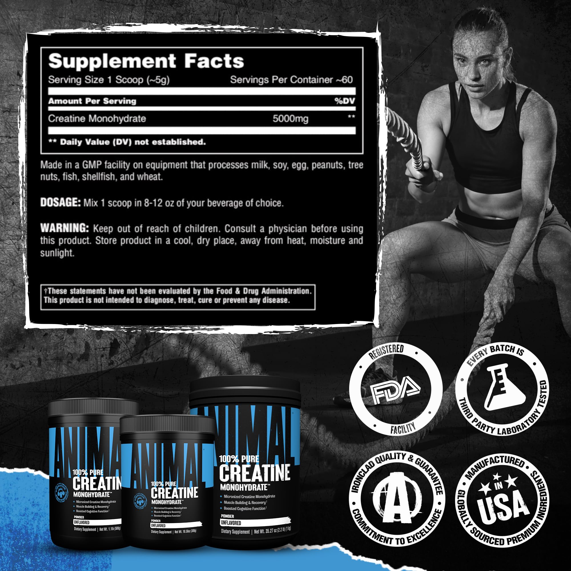 Animal Creatine Monohydrate utilisation quotidienne, soutien au fitness.
