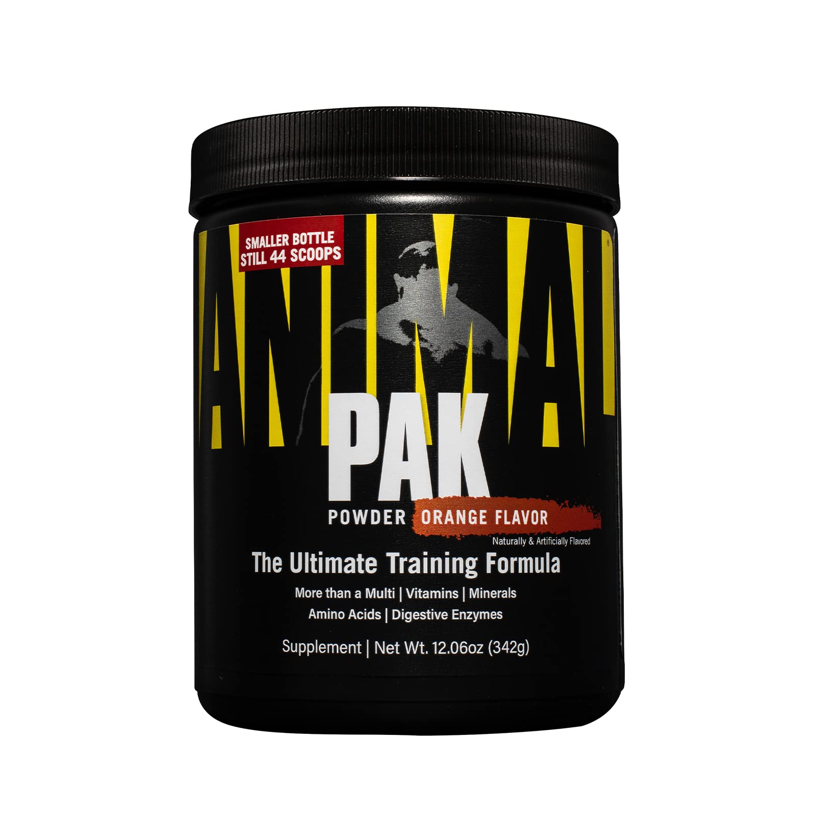 Animal Pak, poudre orange écrasée, soutien nutritionnel pour entraînement intensif.