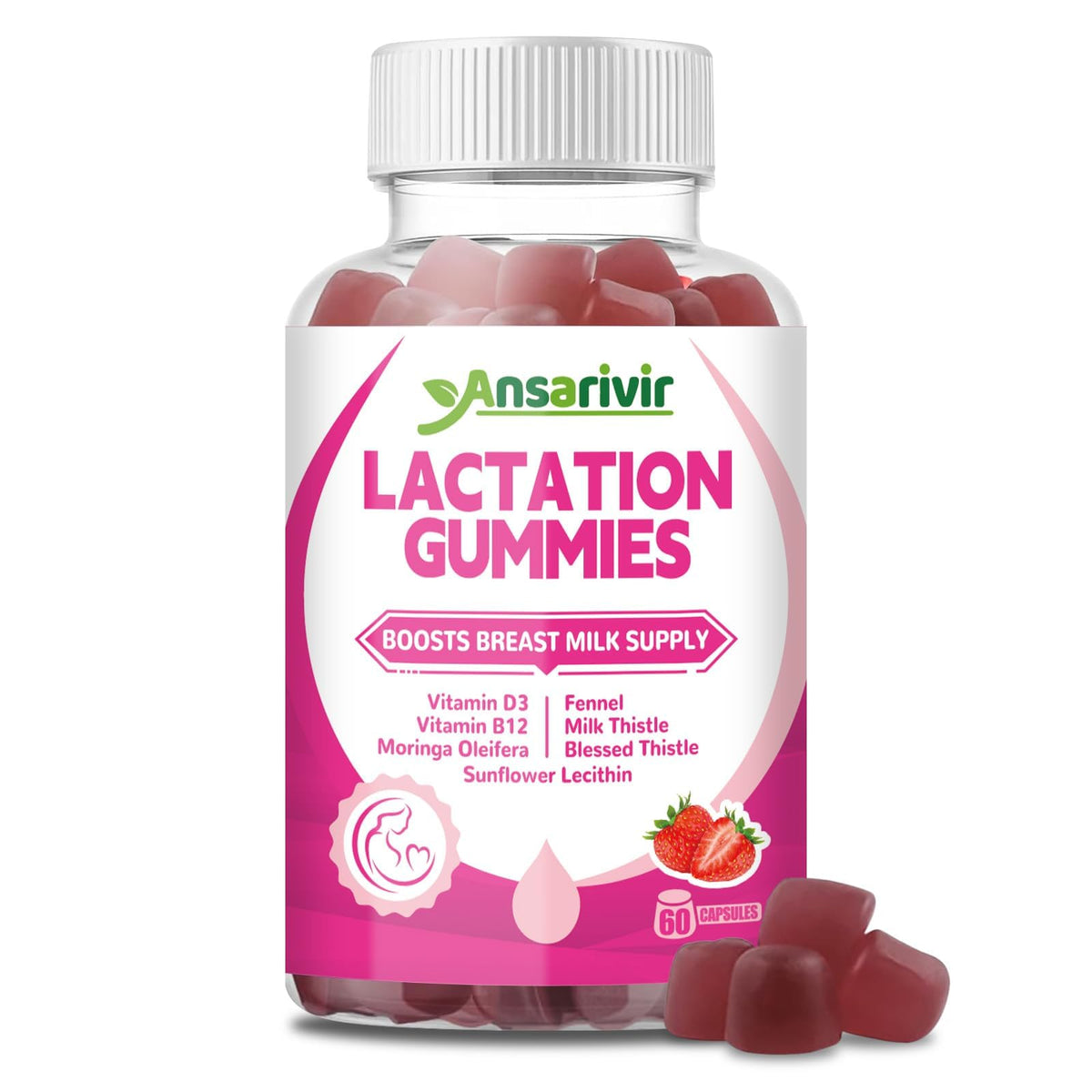 Ansarivir Lactation Gummies: bouteille prête à l’emploi pour soutenir l’allaitement.
