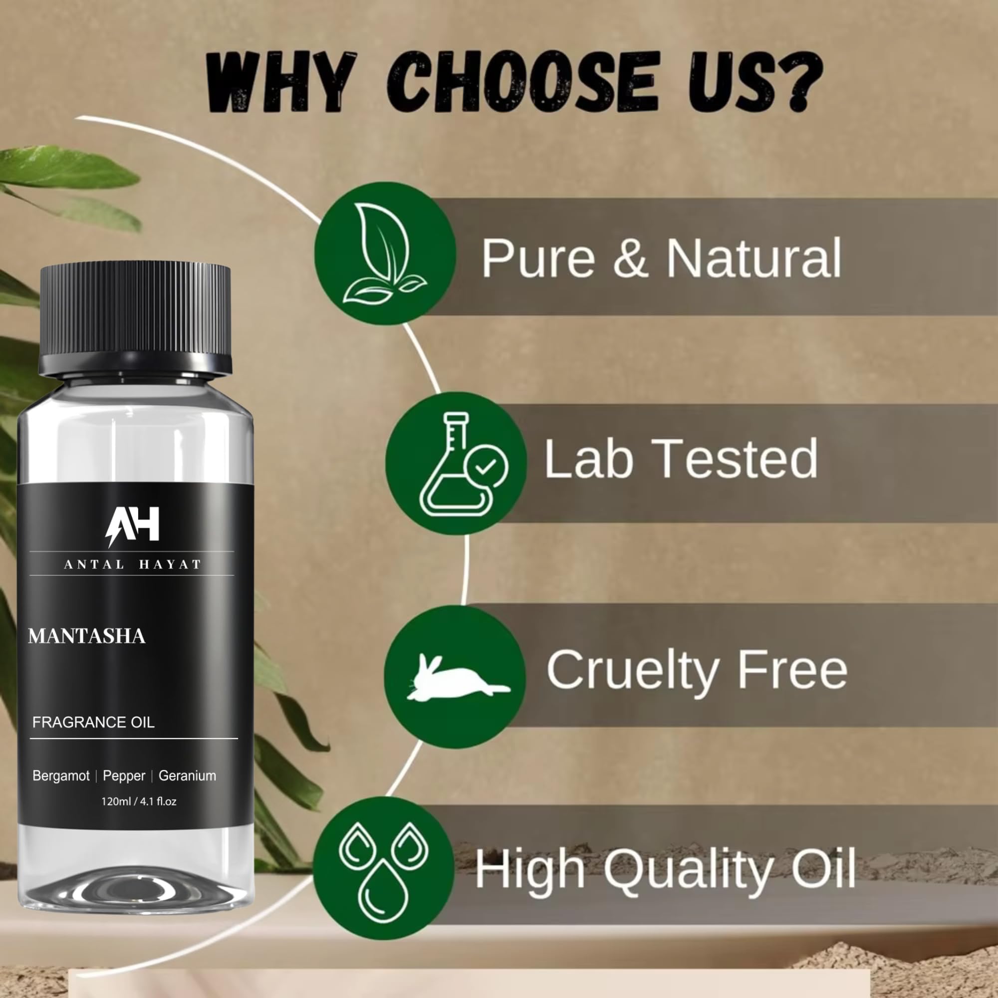 ANTAL HAYAT Mantasha, parfum bergamote-poivre-geranium, usage sur diffuseurs ultrasoniques.