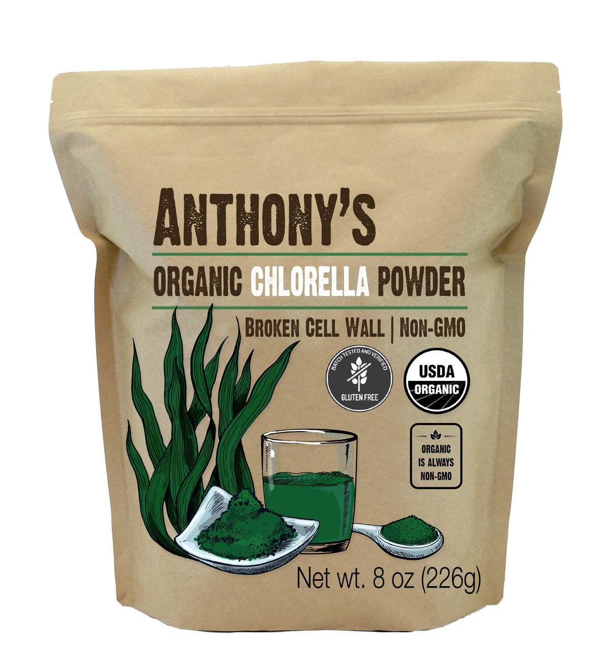 Anthony's chlorelle poudre organique — vue bol, riches en chlorophylle, digestion facilitée.