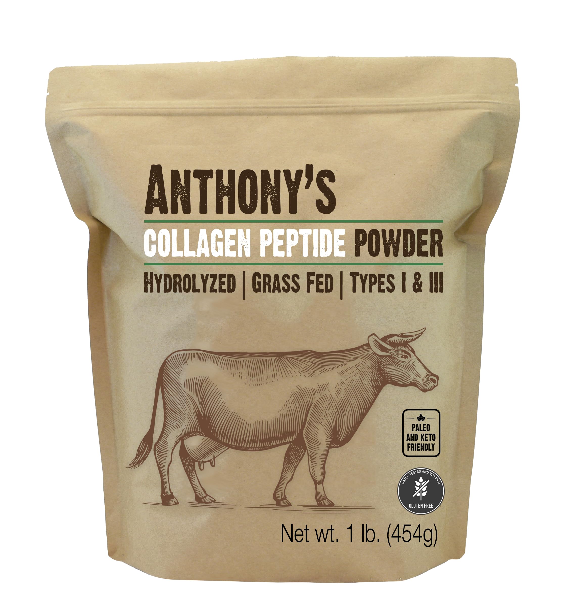 Anthony's Collagen Peptide Powder : poudre blanche se mélange facilement dans un verre doseur.